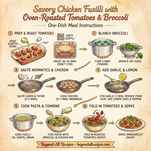Savory Chicken Fusilli with Oven-Roasted Tomatoes and Broccoli instructions