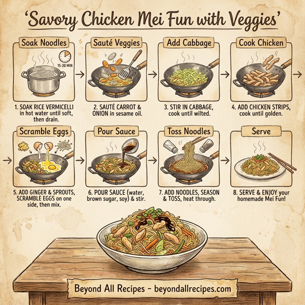 Savory Chicken Mei Fun with Veggies instructions