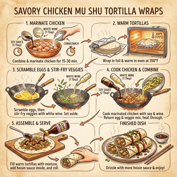 Savory Chicken Mu Shu Tortilla Wraps instructions
