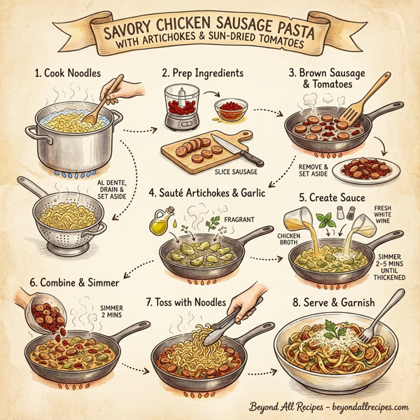 Savory Chicken Sausage Pasta with Artichokes and Sun-Dried Tomatoes instructions