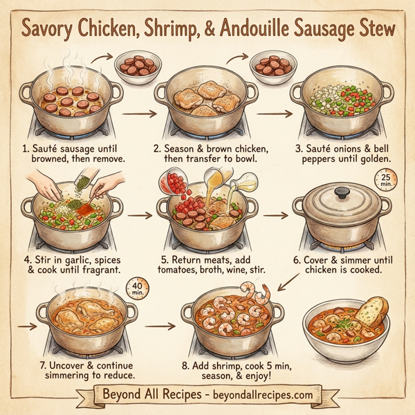 Savory Chicken, Shrimp, and Andouille Sausage Stew instructions