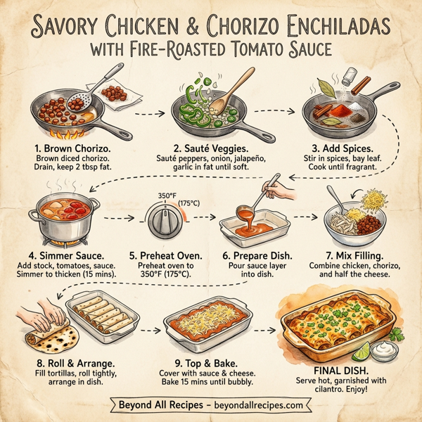 Savory Chicken & Chorizo Enchiladas with Fire-Roasted Tomato Sauce instructions