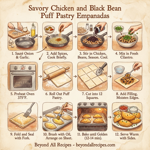 Savory Chicken and Black Bean Puff Pastry Empanadas instructions