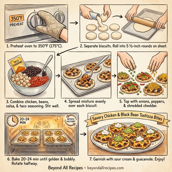 Savory Chicken and Black Bean Tostizza Bites instructions