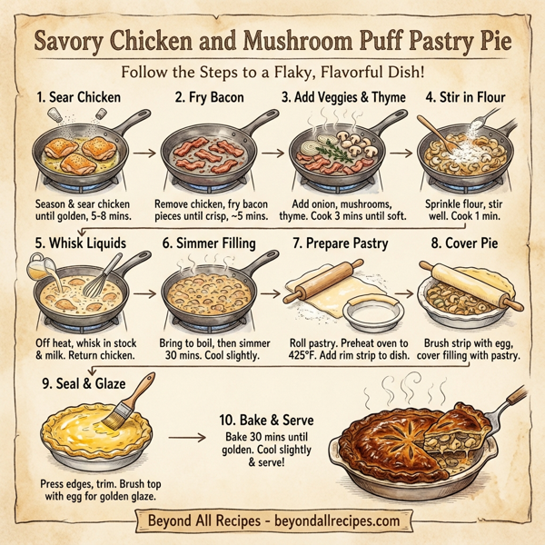 Savory Chicken and Mushroom Puff Pastry Pie instructions