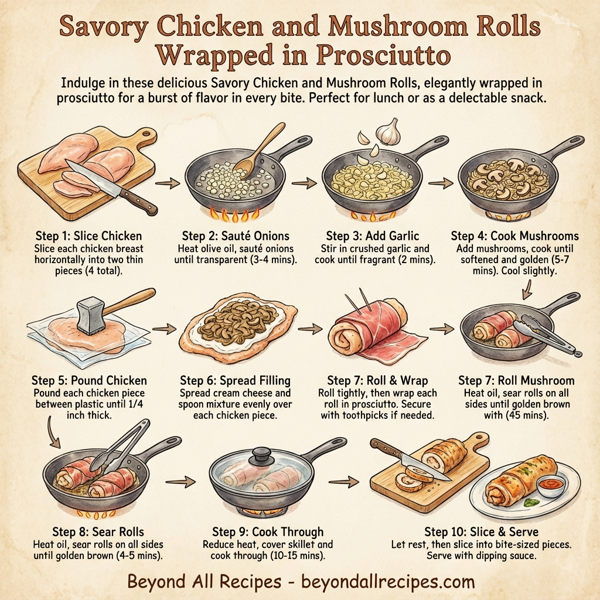 Savory Chicken and Mushroom Rolls Wrapped in Prosciutto instructions