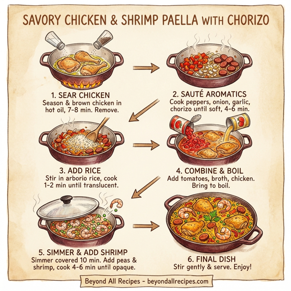 Savory Chicken and Shrimp Paella with Chorizo instructions