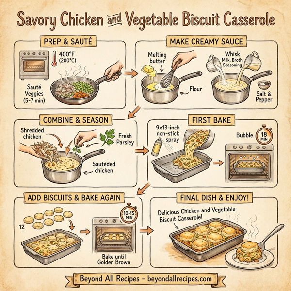 Savory Chicken and Vegetable Biscuit Casserole instructions