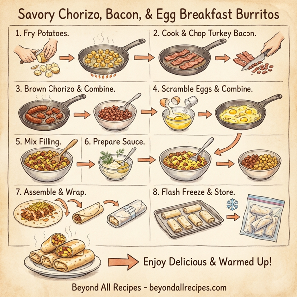 Savory Chorizo, Bacon, and Egg Breakfast Burritos instructions