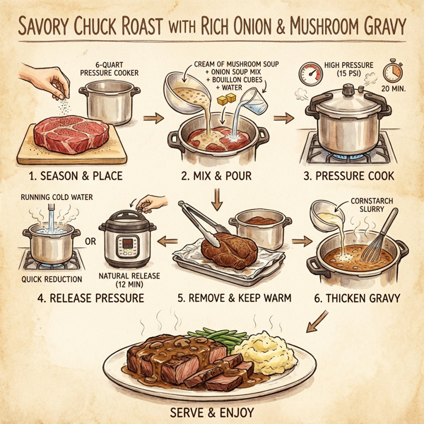 Savory Chuck Roast with Rich Onion and Mushroom Gravy instructions