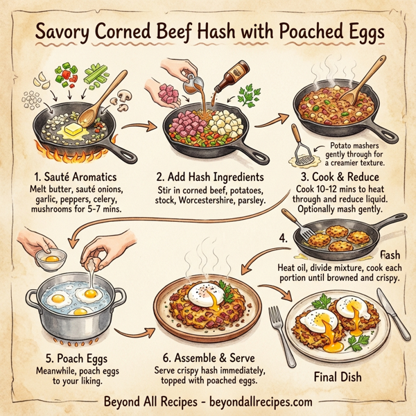 Savory Corned Beef Hash with Poached Eggs instructions