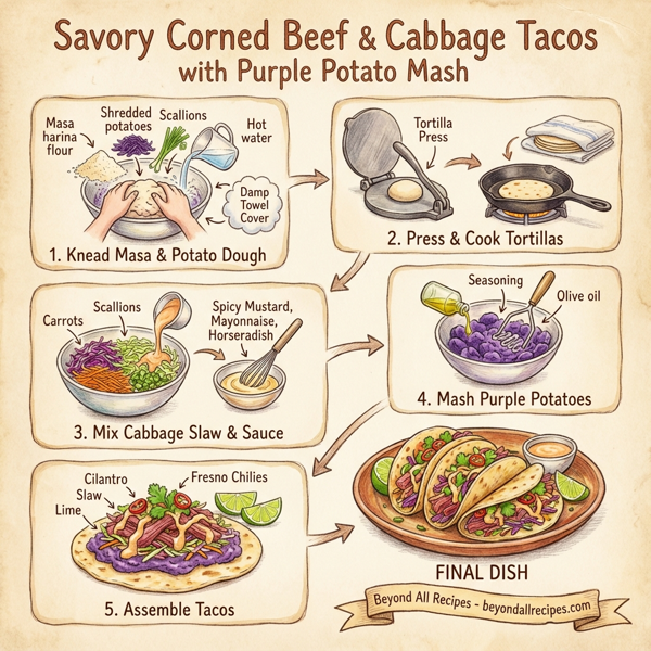 Savory Corned Beef & Cabbage Tacos with Purple Potato Mash instructions