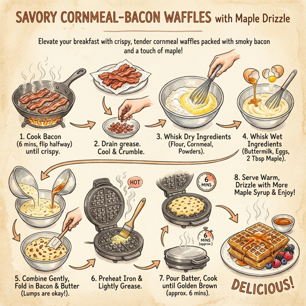 Savory Cornmeal-Bacon Waffles with Maple Drizzle instructions