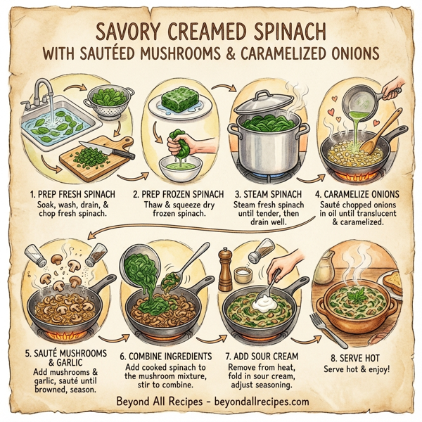 Savory Creamed Spinach with Sautéed Mushrooms and Caramelized Onions instructions