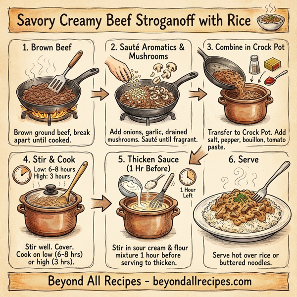 Savory Creamy Beef Stroganoff with Rice instructions