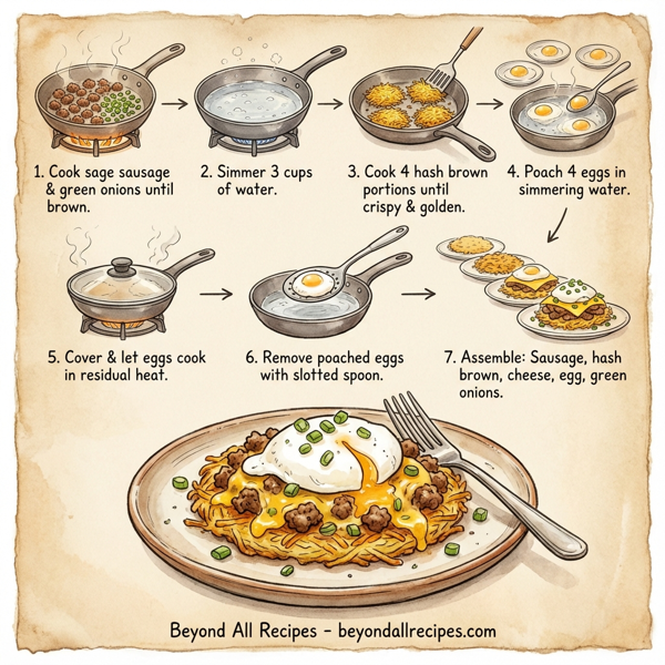 Savory Crispy Potato Layer with Crumbled Sage Sausage and Poached Eggs instructions