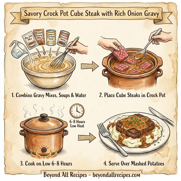 Savory Crock Pot Cube Steak with Rich Onion Gravy instructions
