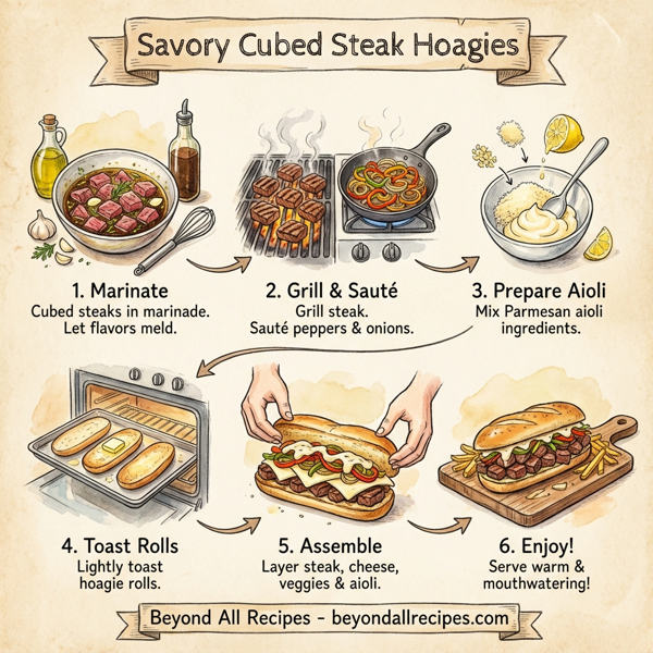 Savory Cubed Steak Hoagies with Parmesan Aioli instructions