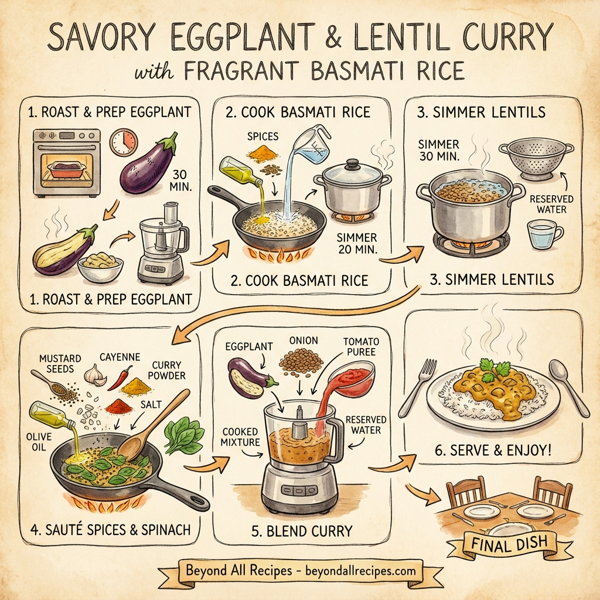 Savory Eggplant and Lentil Curry Served with Fragrant Basmati Rice instructions