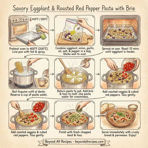 Savory Eggplant and Roasted Red Pepper Pasta with Brie instructions
