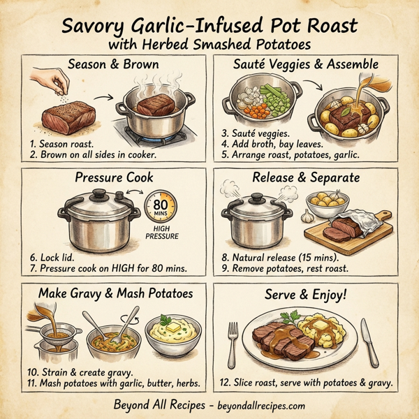Savory Garlic-Infused Pot Roast with Herbed Smashed Potatoes instructions