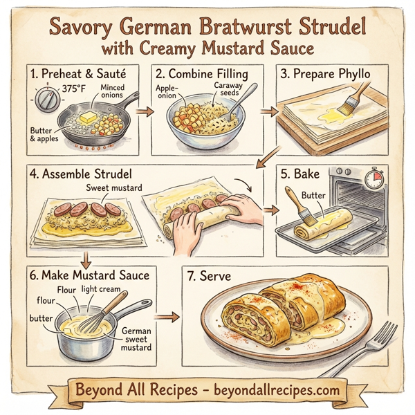 Savory German Bratwurst Strudel with Creamy Mustard Sauce instructions