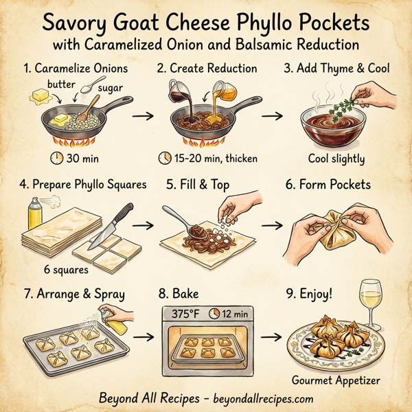 Savory Goat Cheese Phyllo Pockets with Caramelized Onion and Balsamic Reduction instructions