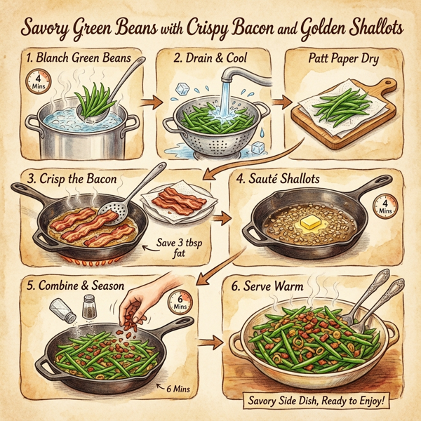 Savory Green Beans with Crispy Bacon and Golden Shallots instructions