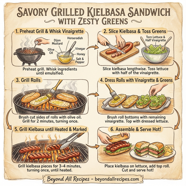 Savory Grilled Kielbasa Sandwich with Zesty Greens instructions