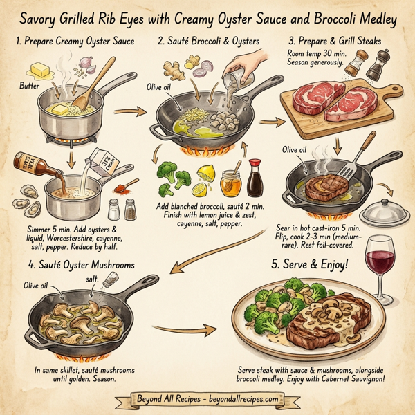 Savory Grilled Rib Eyes with Creamy Oyster Sauce and Broccoli Medley instructions
