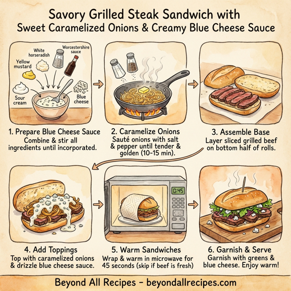 Savory Grilled Steak Sandwich with Sweet Caramelized Onions and Creamy Blue Cheese Sauce instructions