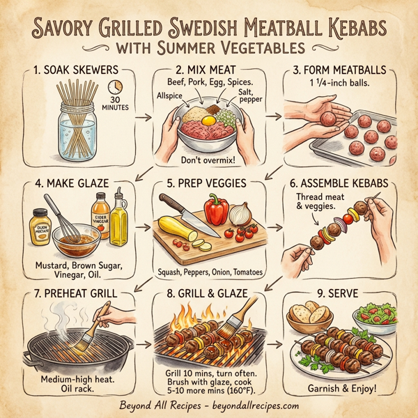 Savory Grilled Swedish Meatball Kebabs with Summer Vegetables instructions
