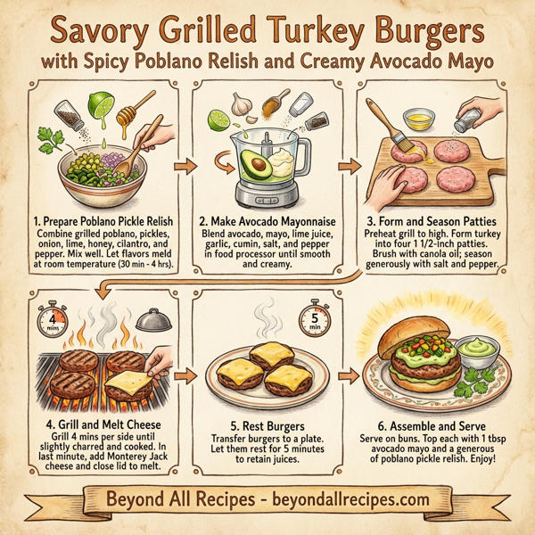 Savory Grilled Turkey Burgers with Spicy Poblano Relish and Creamy Avocado Mayo instructions