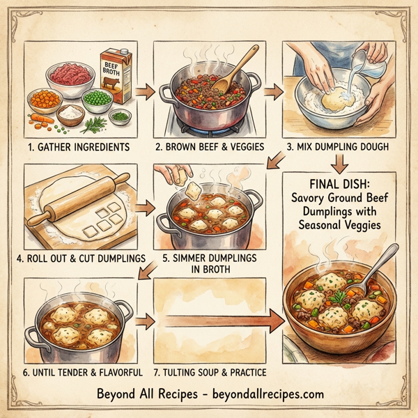 Savory Ground Beef Dumplings with Seasonal Veggies instructions