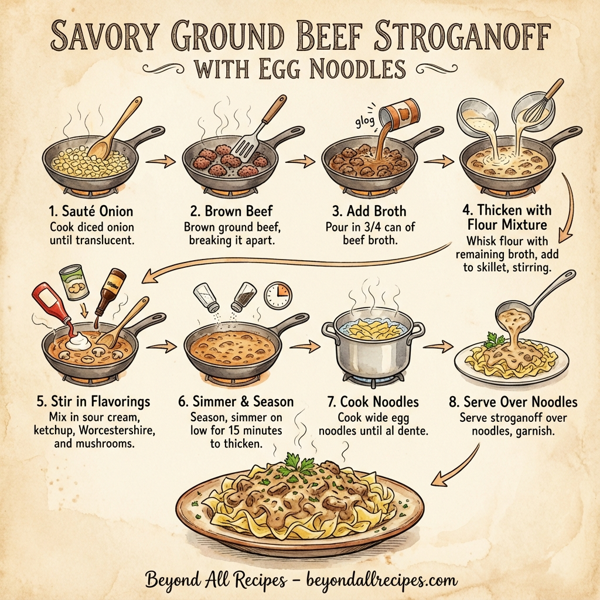 Savory Ground Beef Stroganoff with Egg Noodles instructions