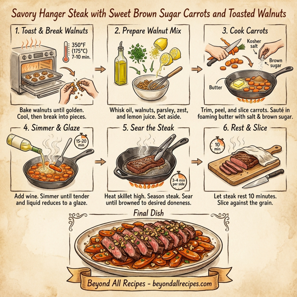 Savory Hanger Steak with Sweet Brown Sugar Carrots and Toasted Walnuts instructions