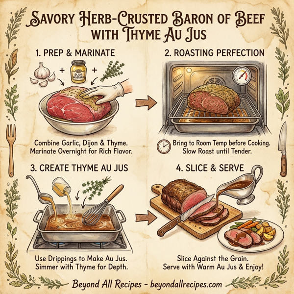 Savory Herb-Crusted Baron of Beef with Thyme Au Jus instructions
