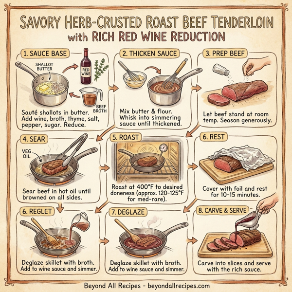 Savory Herb-Crusted Roast Beef Tenderloin with Rich Red Wine Reduction instructions