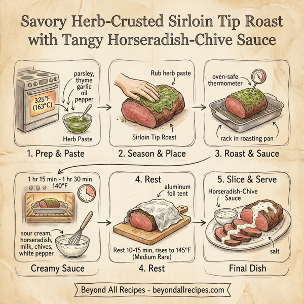 Savory Herb-Crusted Sirloin Tip Roast with Tangy Horseradish-Chive Sauce instructions