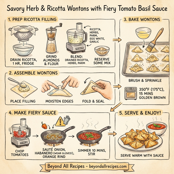 Savory Herb and Ricotta Wontons with Fiery Tomato Basil Sauce instructions