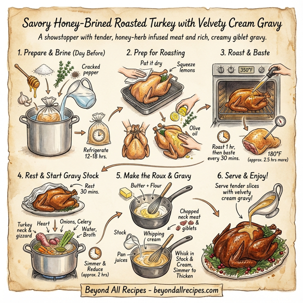 Savory Honey-Brined Roasted Turkey with Velvety Cream Gravy instructions