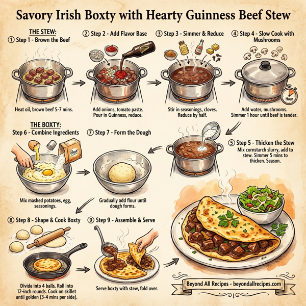 Savory Irish Boxty with Hearty Guinness Beef Stew instructions