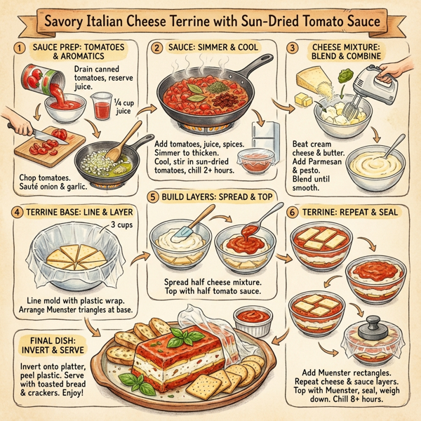 Savory Italian Cheese Terrine with Sun-Dried Tomato Sauce instructions