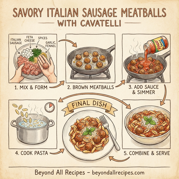 Savory Italian Sausage Meatballs with Cavatelli instructions