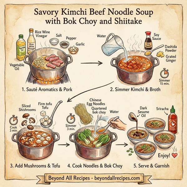 Savory Kimchi Beef Noodle Soup with Bok Choy and Shiitake instructions