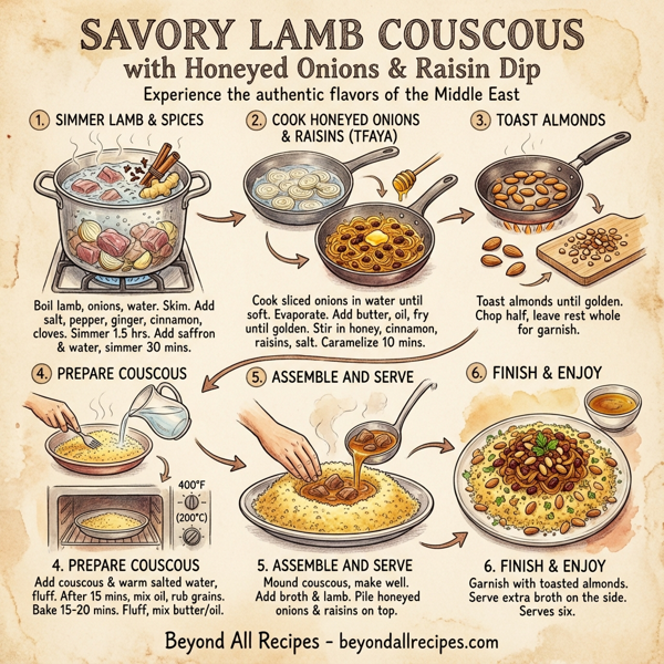 Savory Lamb Couscous with Honeyed Onions and Raisin Dip instructions