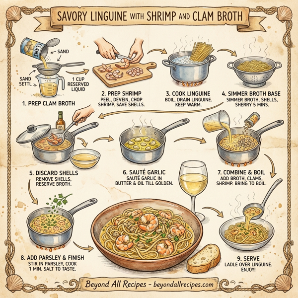 Savory Linguine with Shrimp and Clam Broth instructions