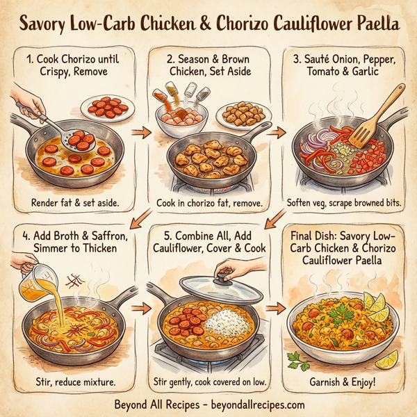 Savory Low-Carb Chicken & Chorizo Cauliflower Paella instructions