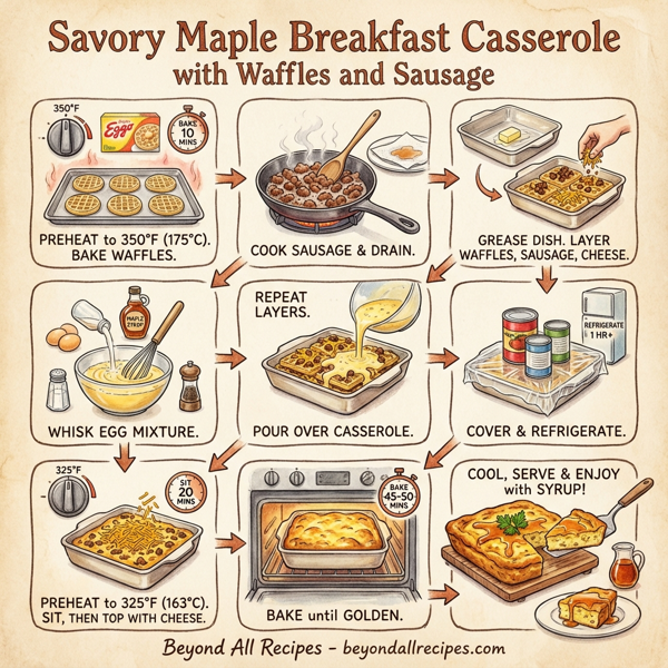 Savory Maple Breakfast Casserole with Waffles and Sausage instructions