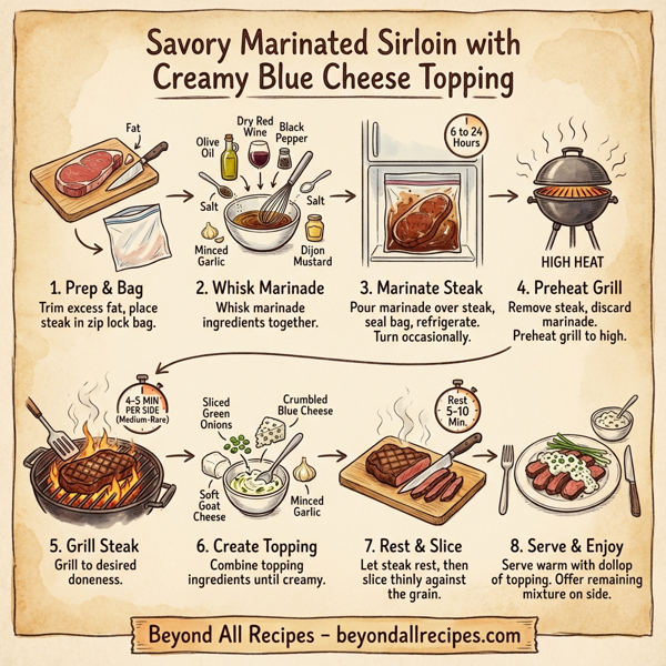 Savory Marinated Sirloin with Creamy Blue Cheese Topping instructions